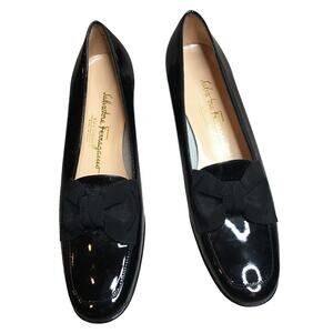 Salvatore Ferragamo Boutique Black Patent Leather Block Heel Bow Pump Shoes 7.5
